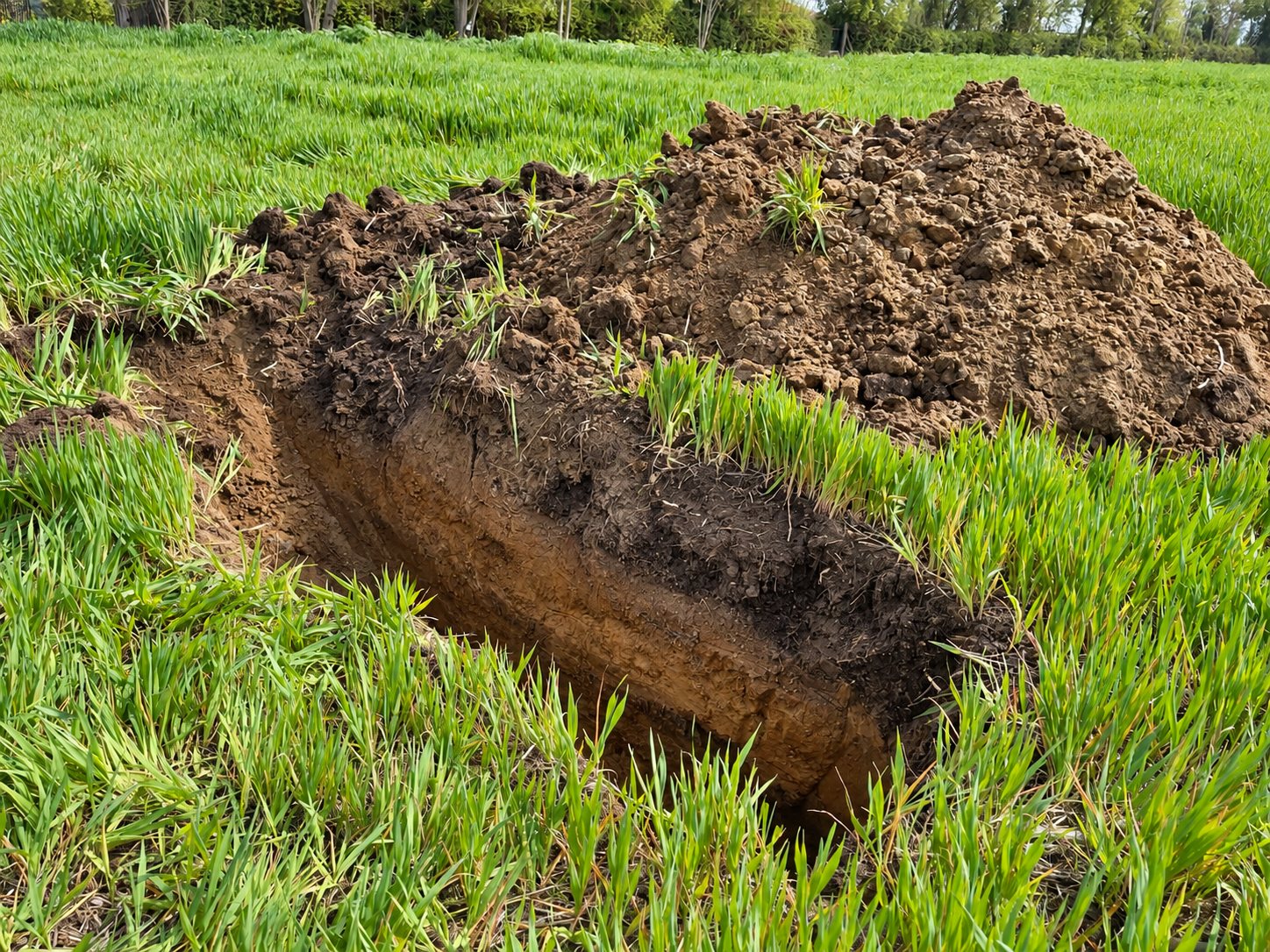Una calicata recién abierta en un trigal. Arriba, el horizonte A oscuro, con raíces y materia orgánica; debajo, el B más claro y compacto. Eso es un perfil.